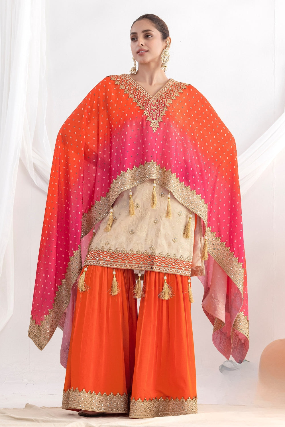 Beige Chinon Palazzo Set with Embroidery and Sequins Work