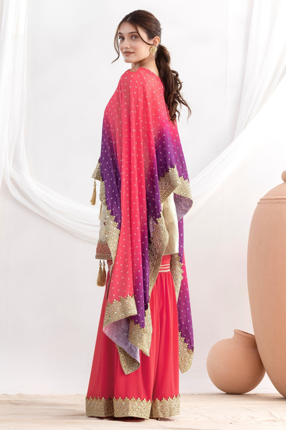 Beige Chinon Palazzo Set with Sequins and Resahm Embroidery Work