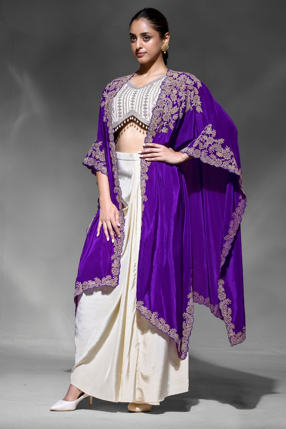 Cream Crepe Silk Indo Western with Sequins and Embroidery Work