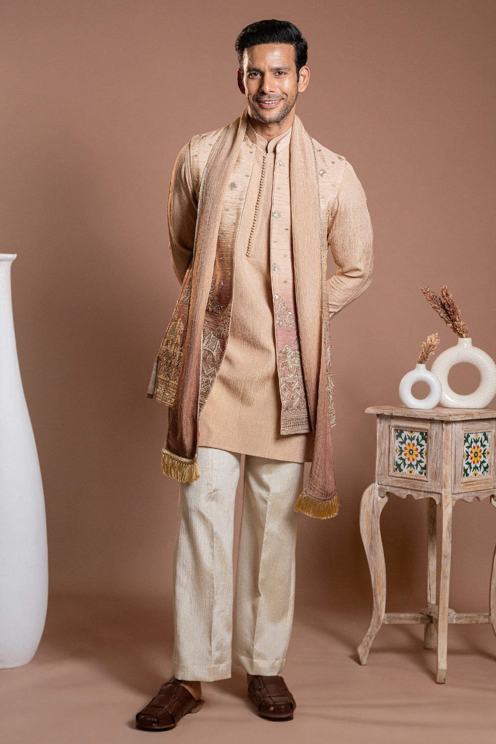 Beige Crepe Tissue Koti Set with Sequins and Embroidery Work