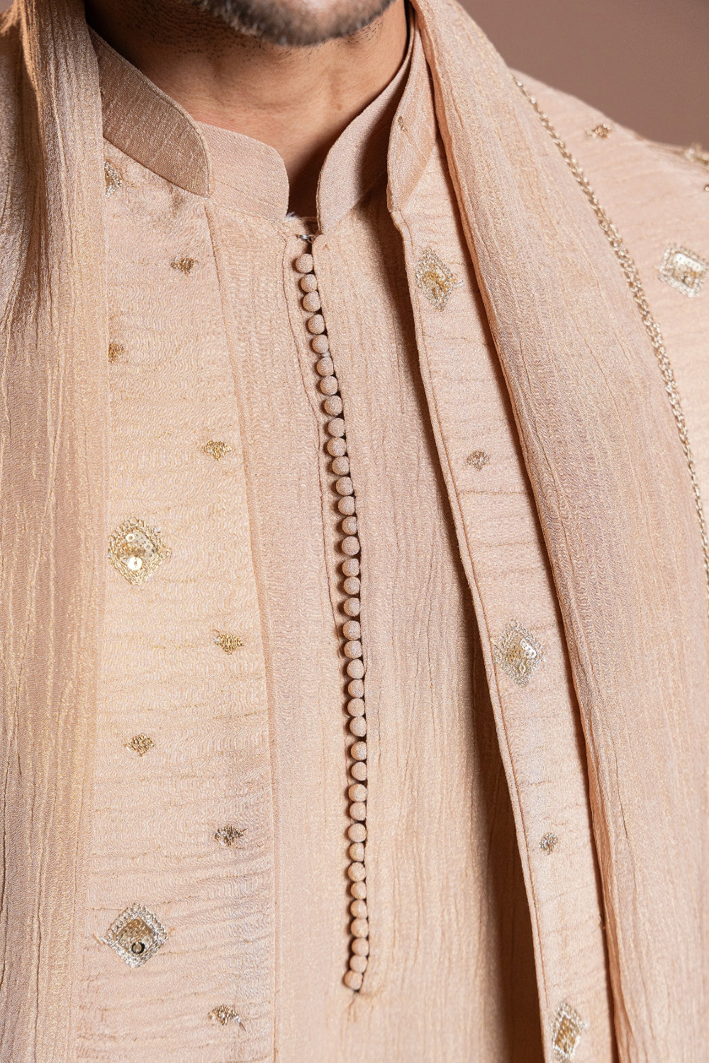 Beige Crepe Tissue Koti Set with Sequins and Embroidery Work