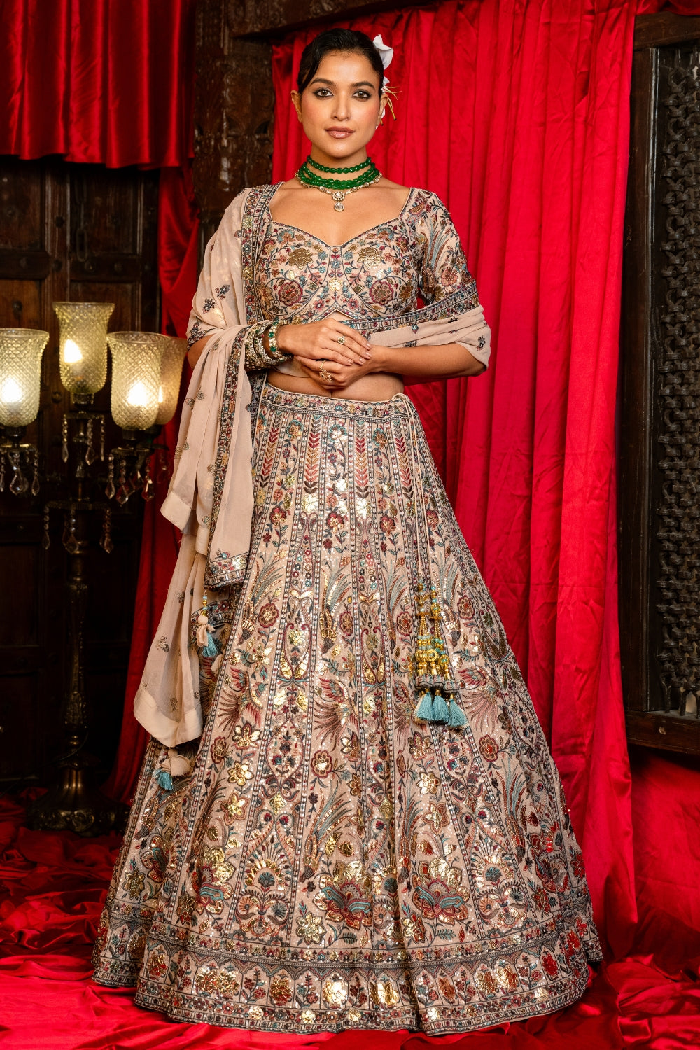 Beige Georgette Lehenga Choli Set with Sequins and Resham Embroidery