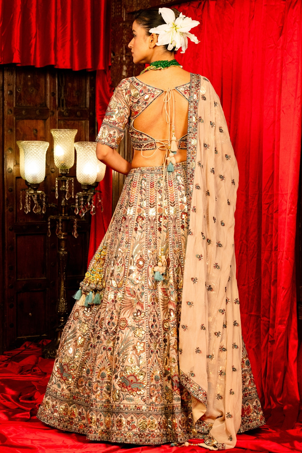 Beige Georgette Lehenga Choli Set with Sequins and Resham Embroidery
