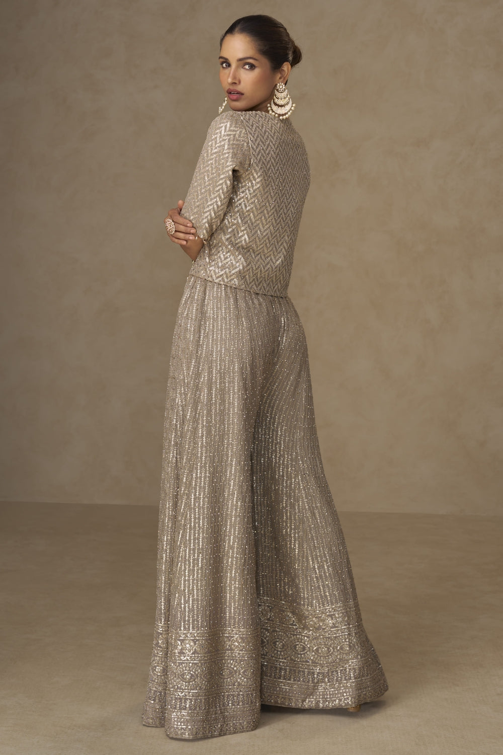 Beige Georgette Palazzo Set with Embroidery and Sequins Work