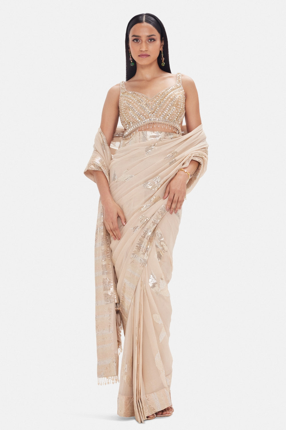 Beige Georgette Pre-Drape Set Saree with Cutdana and Moti Work