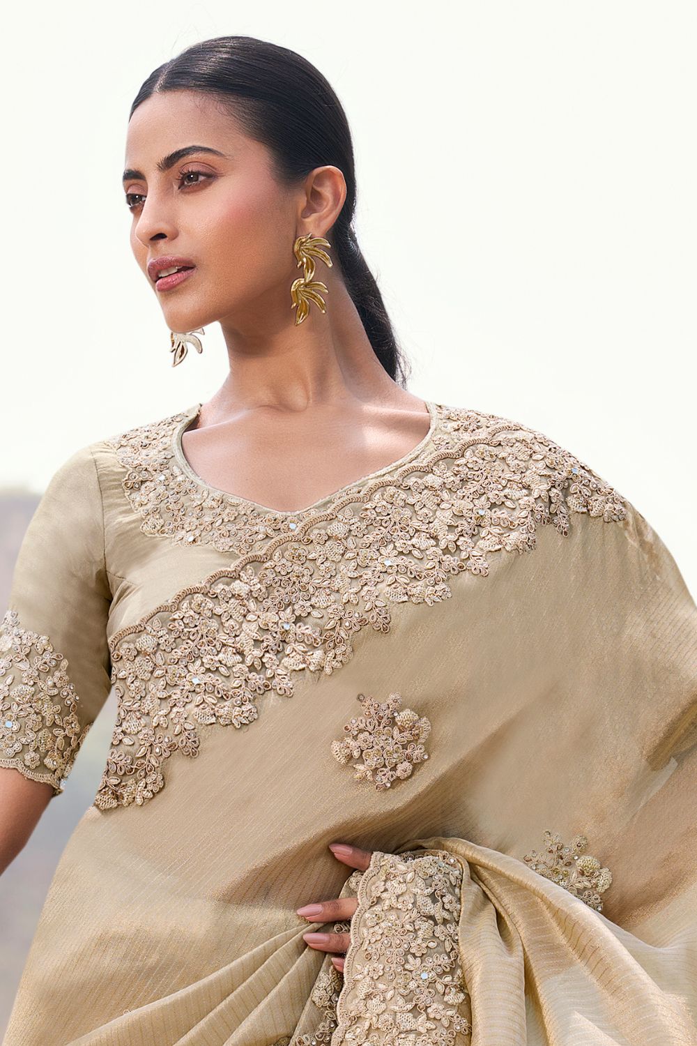 Beige Georgette Stone and Moti Work Saree