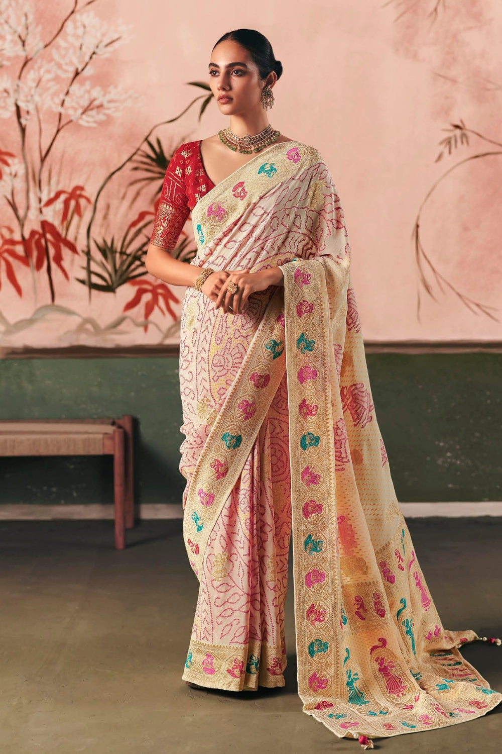 Beige Georgette Weaving Saree
