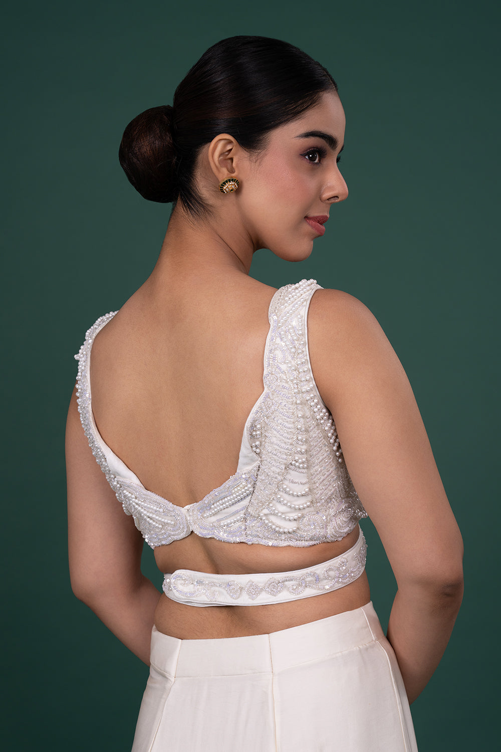 Beige Ruffle Pre-Draped Saree with Sequins Blouse