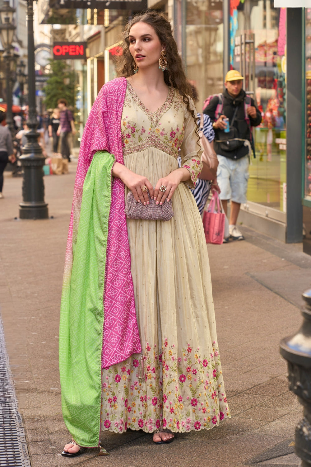 Beige Silk Anarkali Set with Moti and Mirror Work