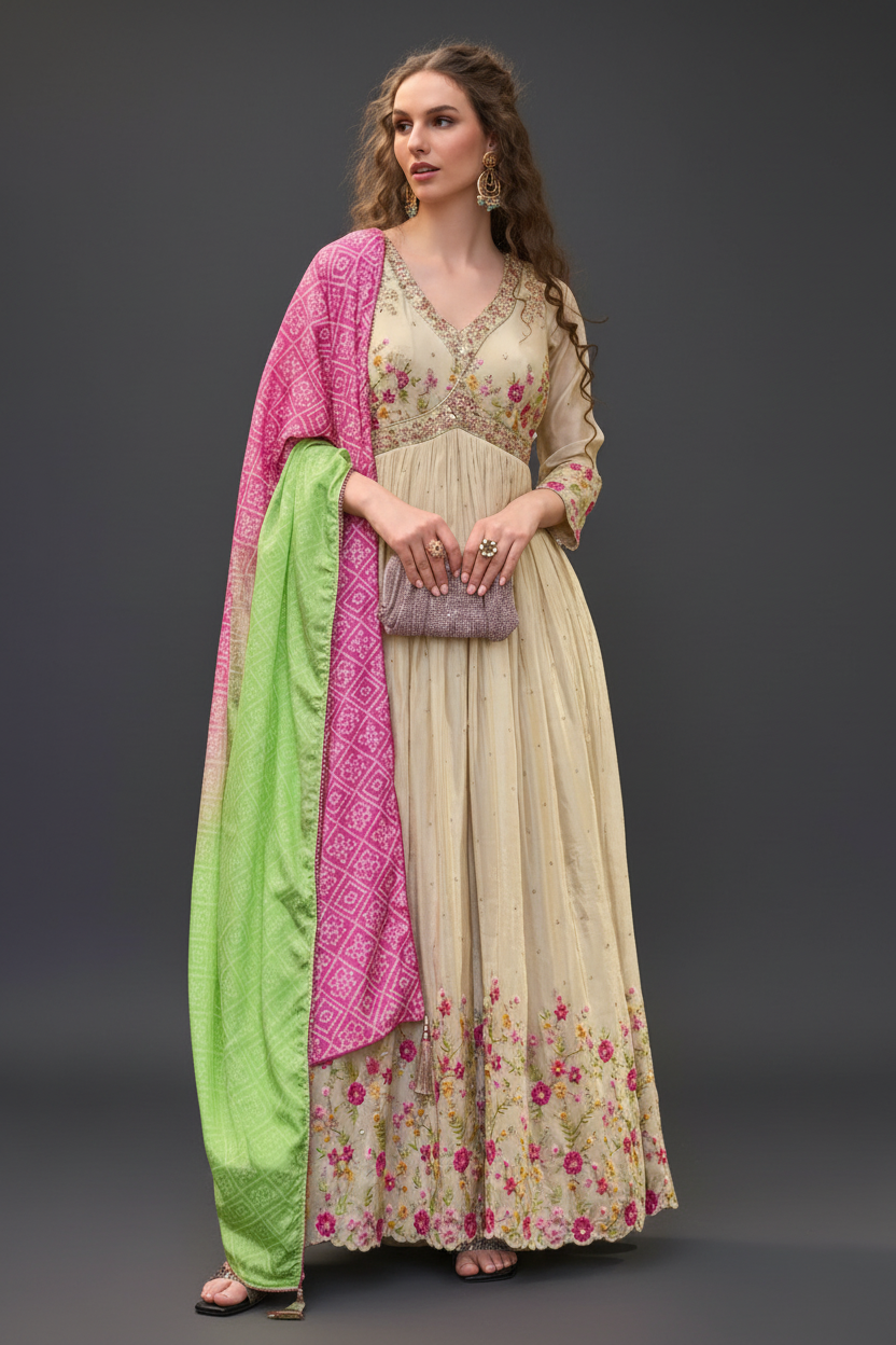 Beige Silk Anarkali Set with Moti and Mirror Work