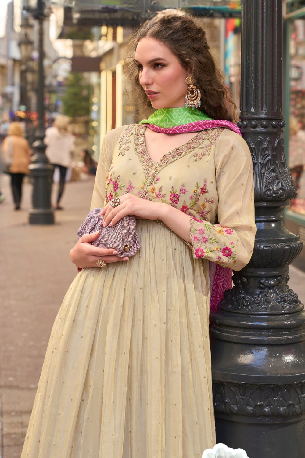 Beige Silk Anarkali Set with Moti and Mirror Work