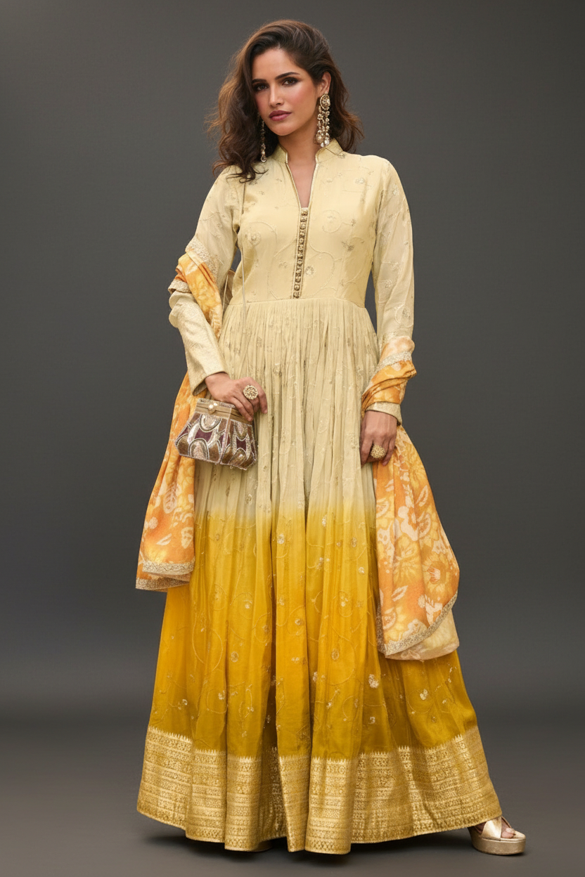 Beige Silk Anarkali Set with Sequins and Weaving Work