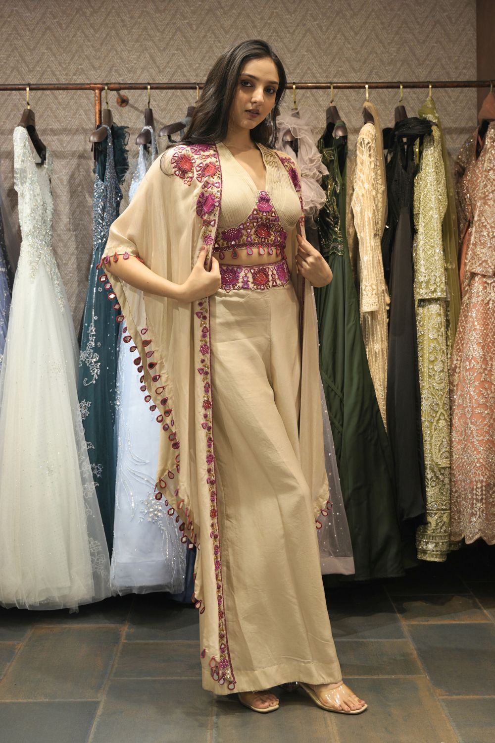 Beige Silk Indo Western with Mirror and Sequins Work