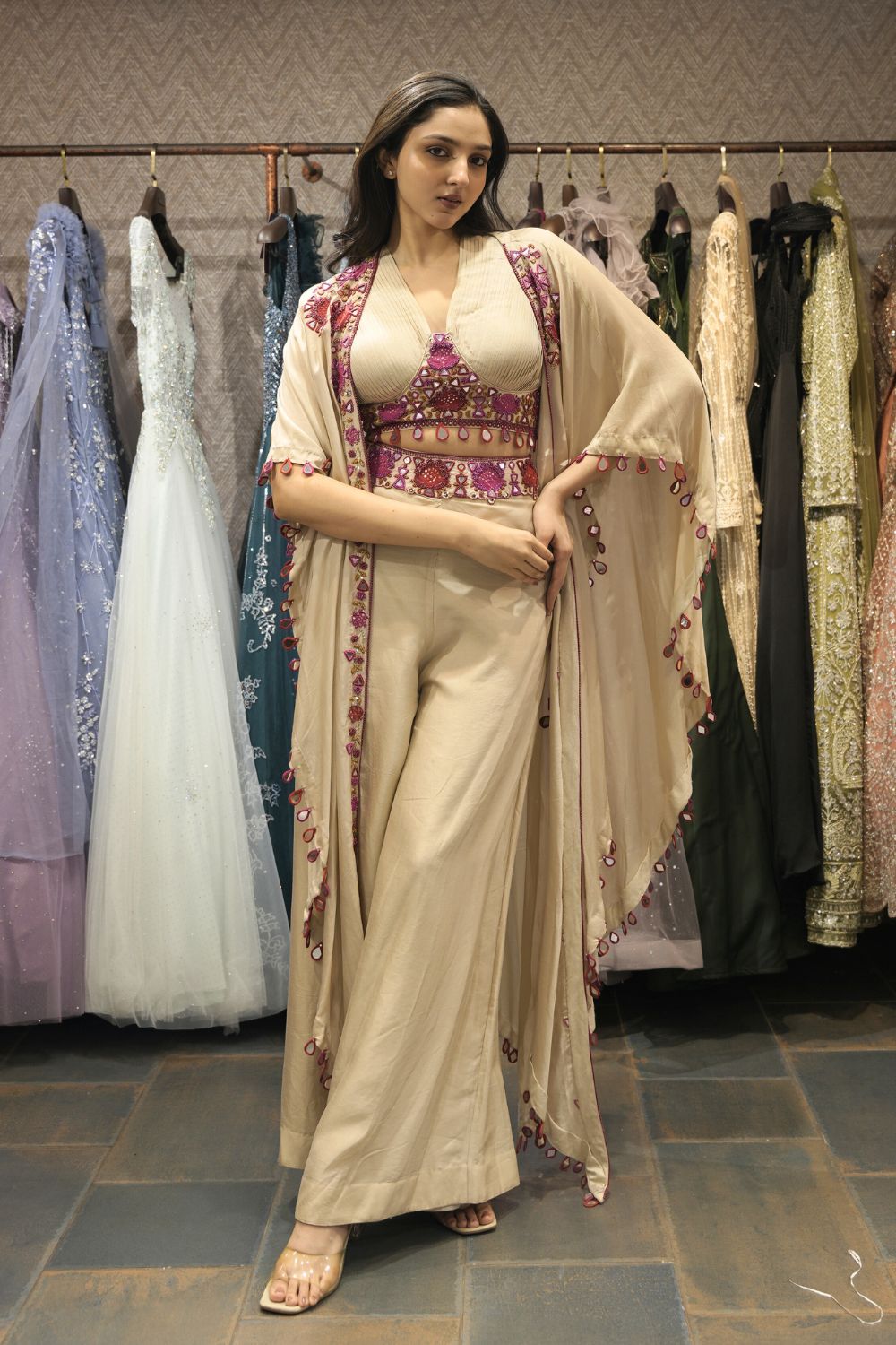 Beige Silk Indo Western with Mirror and Sequins Work
