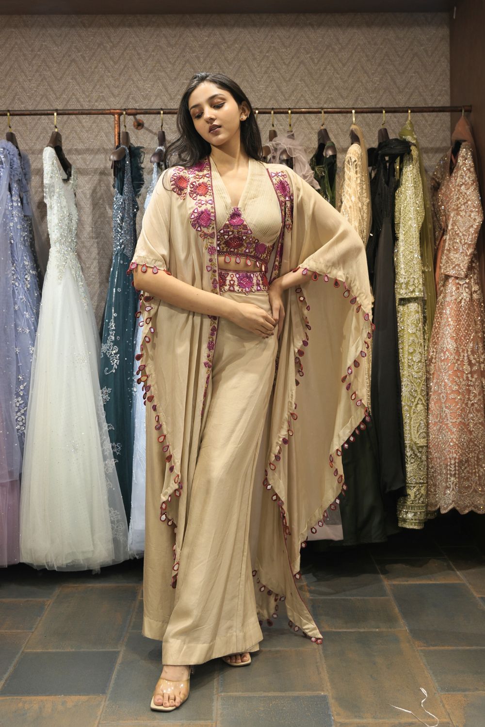 Beige Silk Indo Western with Mirror and Sequins Work