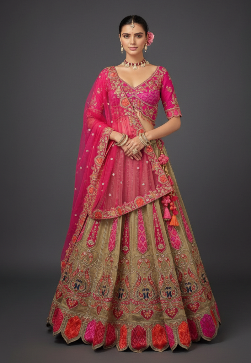 Beige Silk Lehenga Choli With Stone and Cutdana Work