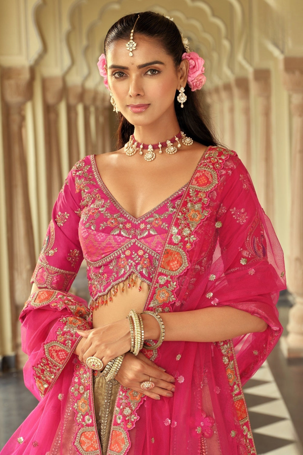 Beige Silk Lehenga Choli With Stone and Cutdana Work