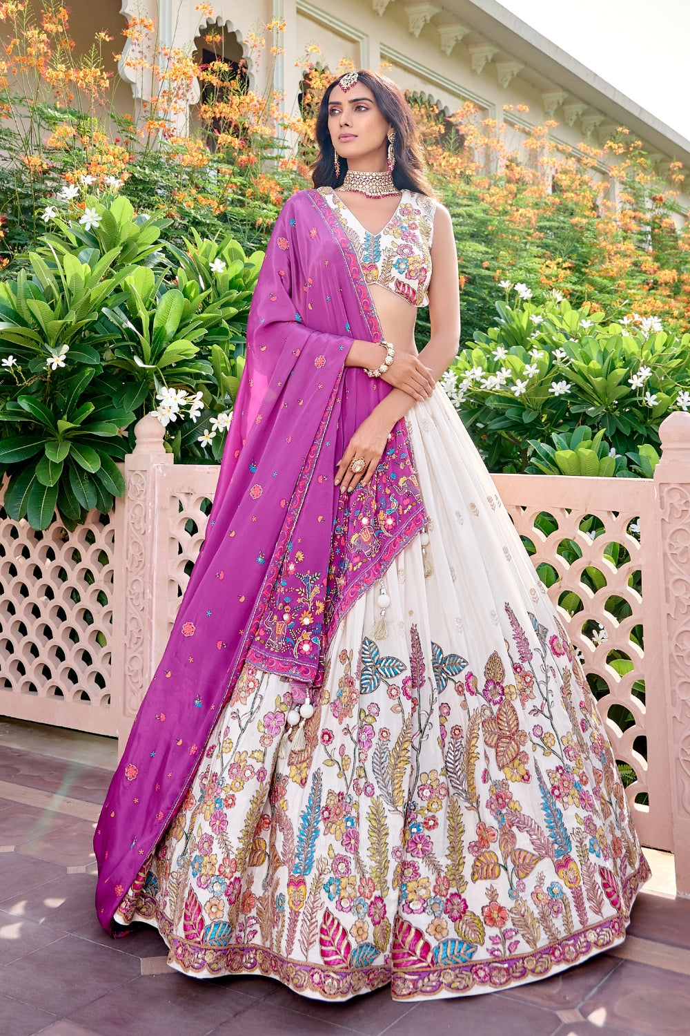 Beige Silk Lehenga Set with Resham Embroidery and Sequins Work