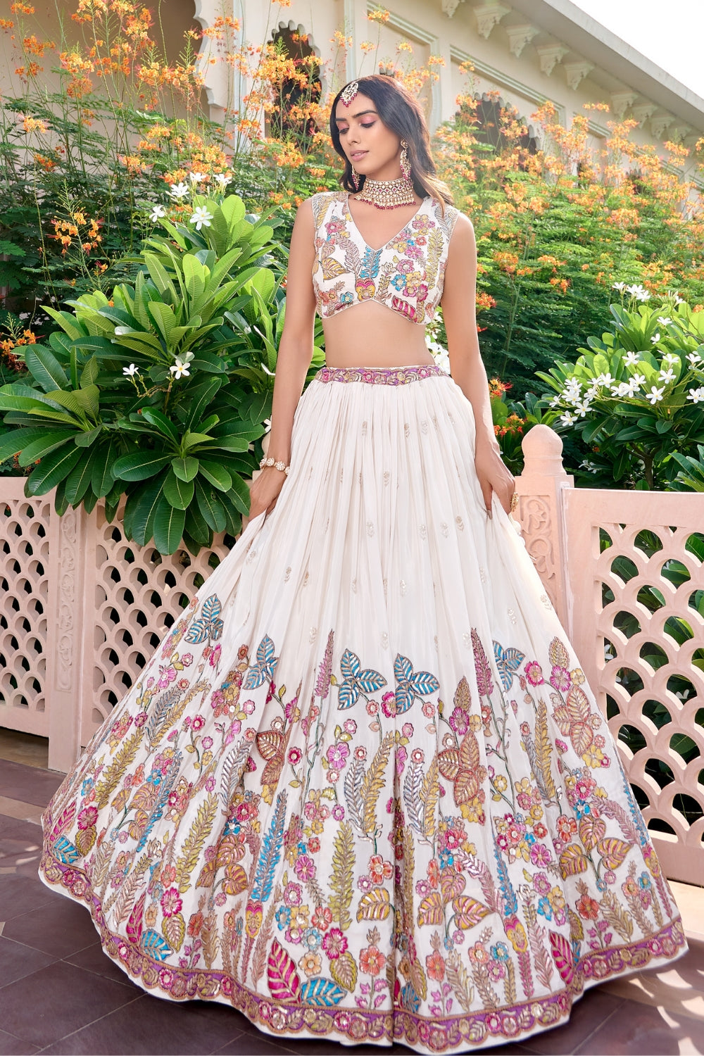 Beige Silk Lehenga Set with Resham Embroidery and Sequins Work