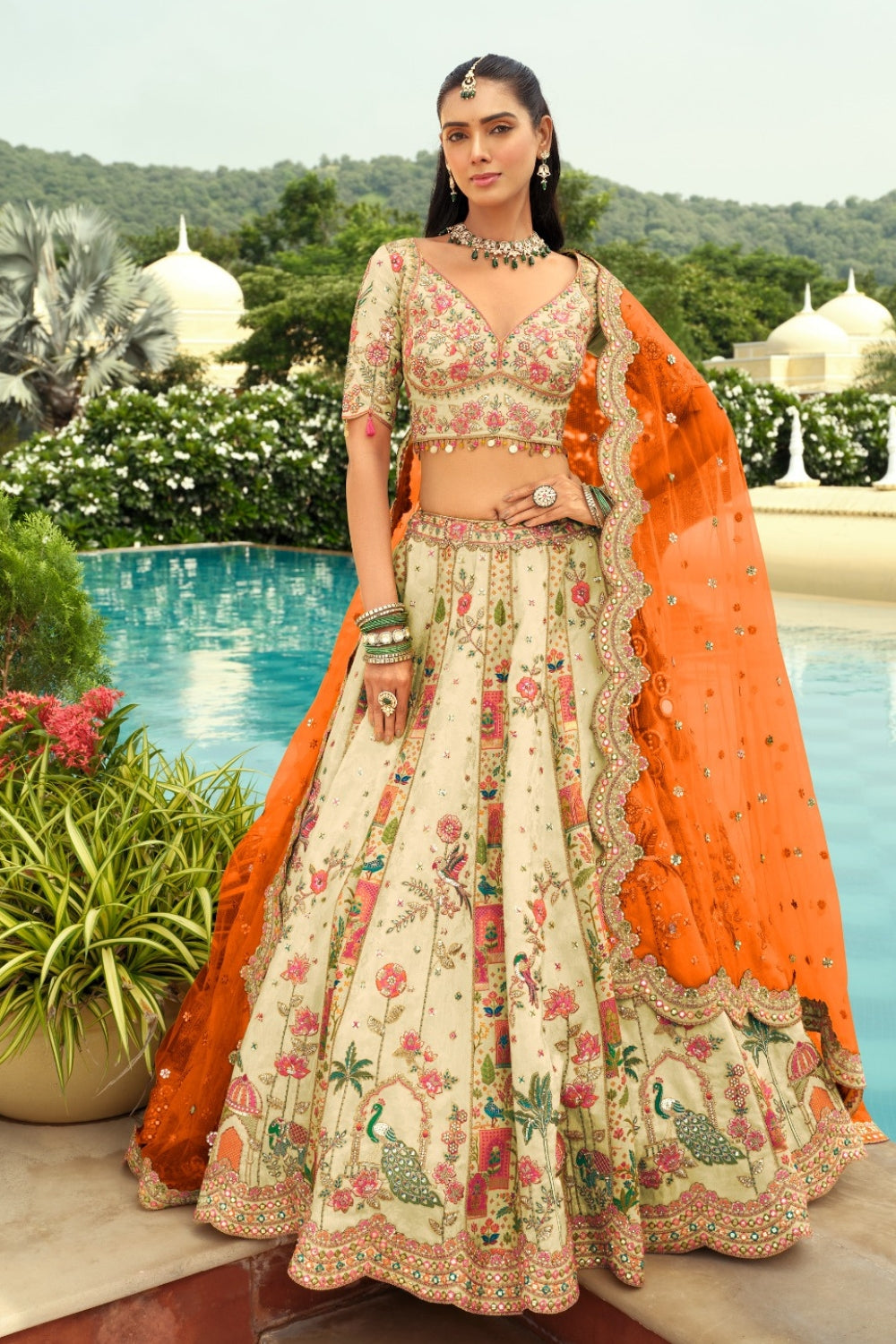 Beige Silk Lehenga with Stone and Cutdana Work