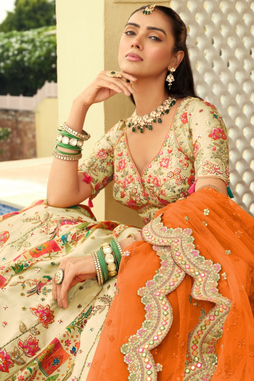 Beige Silk Lehenga with Stone and Cutdana Work