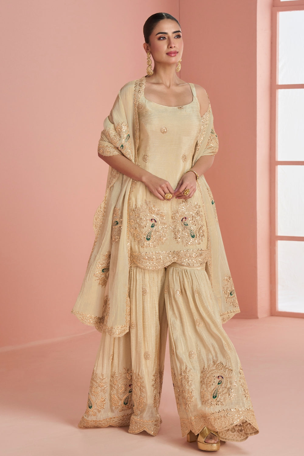 Beige Silk Palazzo Set with Embroidery and Sequins Work
