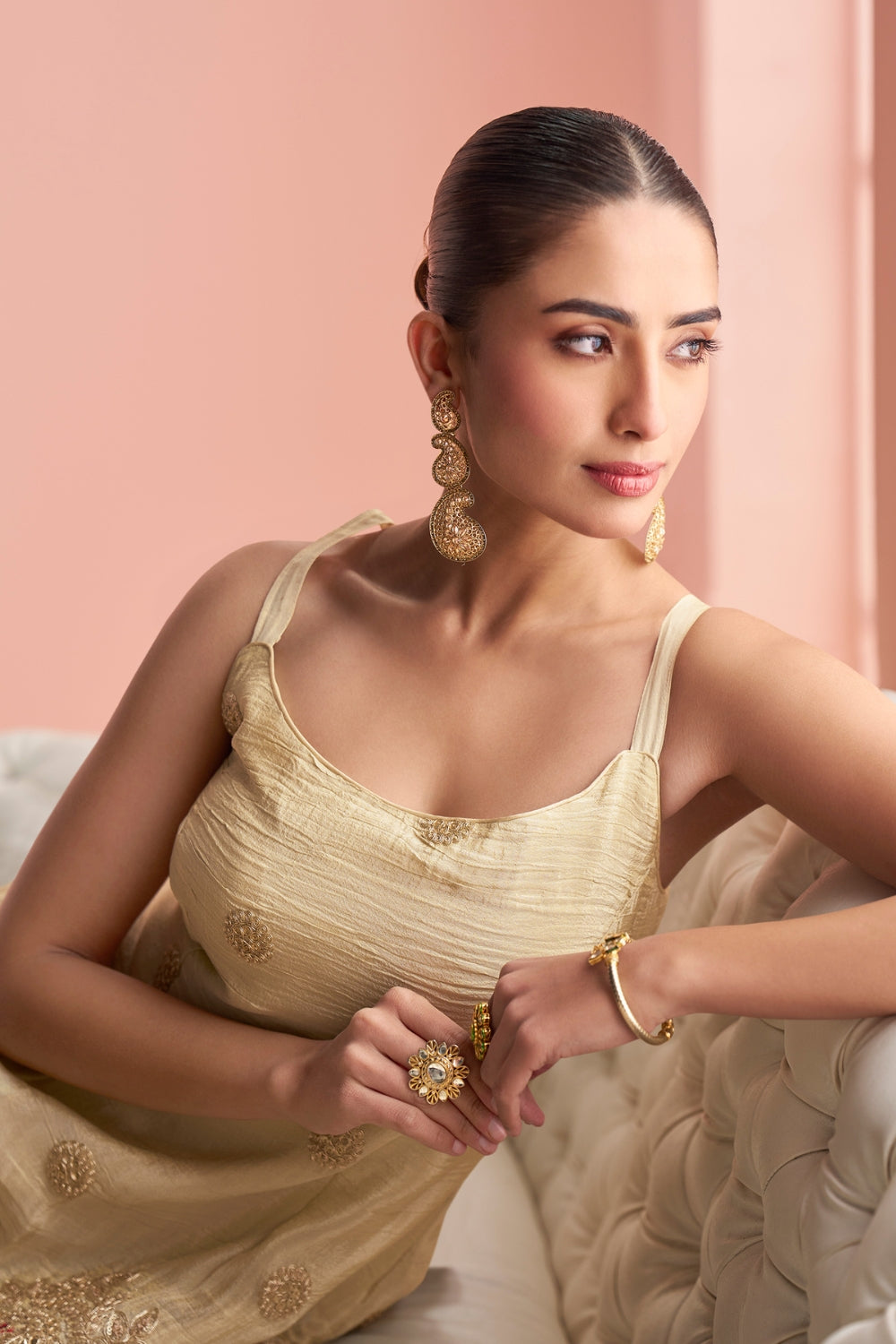 Beige Silk Palazzo Set with Embroidery and Sequins Work