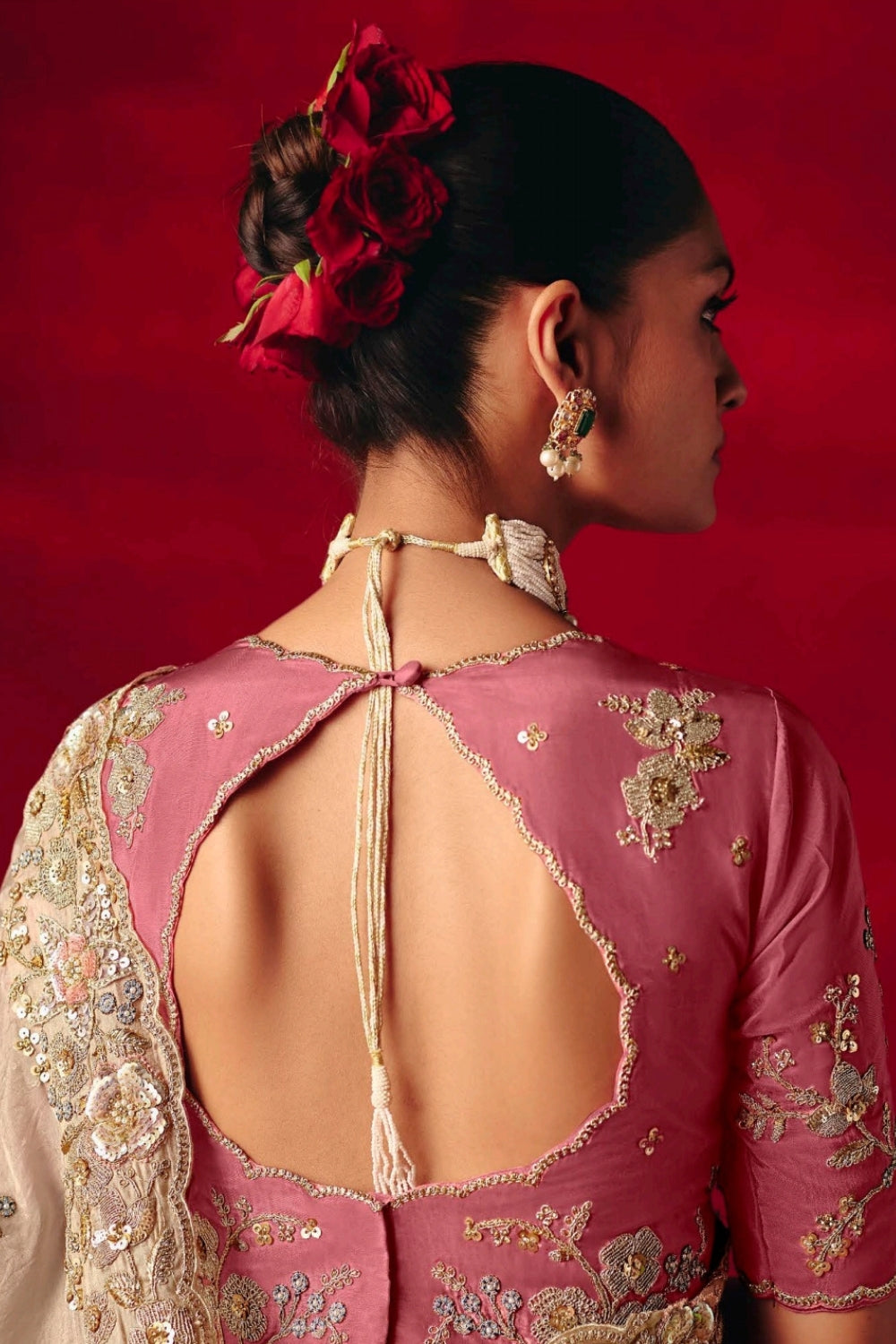 Beige Silk Saree with Moti and Stone Work