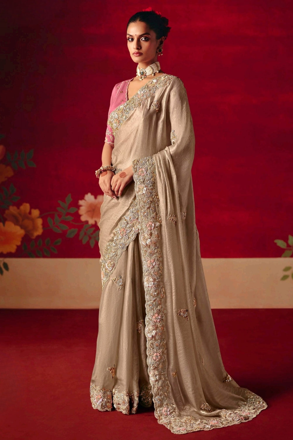 Beige Silk Saree with Moti and Stone Work