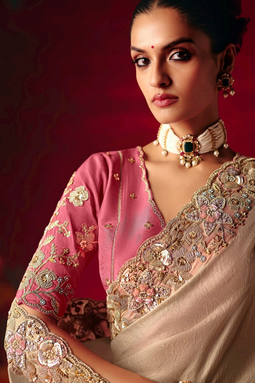 Beige Silk Saree with Moti and Stone Work