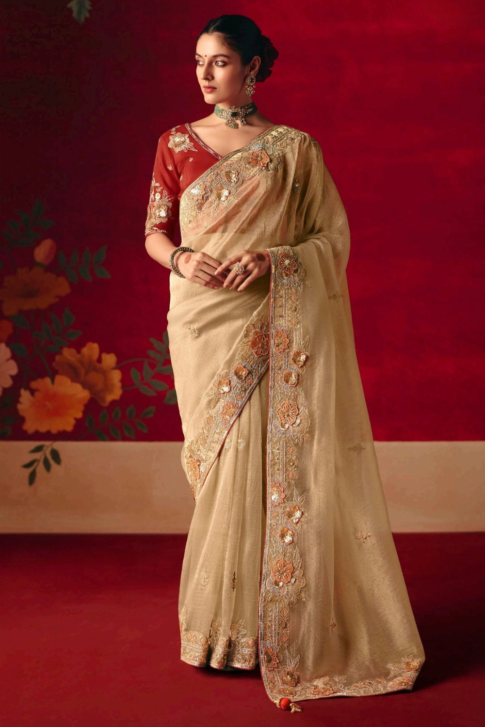 Beige Silk Saree with Resham Embroidery and Moti Work