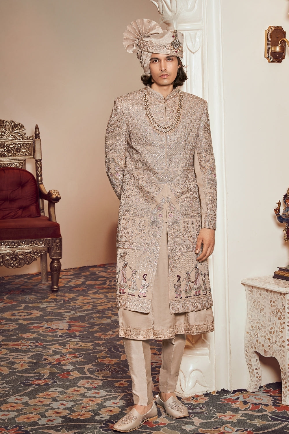 Beige Silk Sherwani with Sequins and Embrodiery Work
