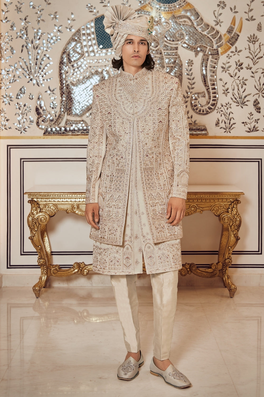 Beige Silk Sherwani with Sequins and Resham Embroidery