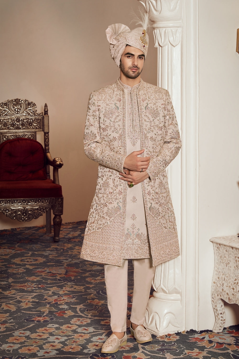 Beige Silk Sherwani with Sequins and Resham Emrboidery