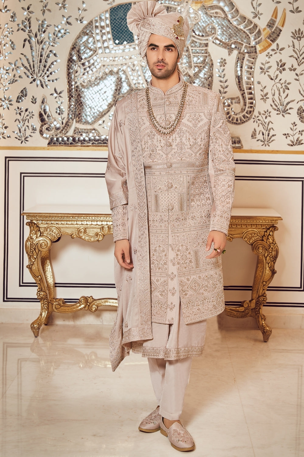 Beige Silk Sherwani with Sequins and Stone Work