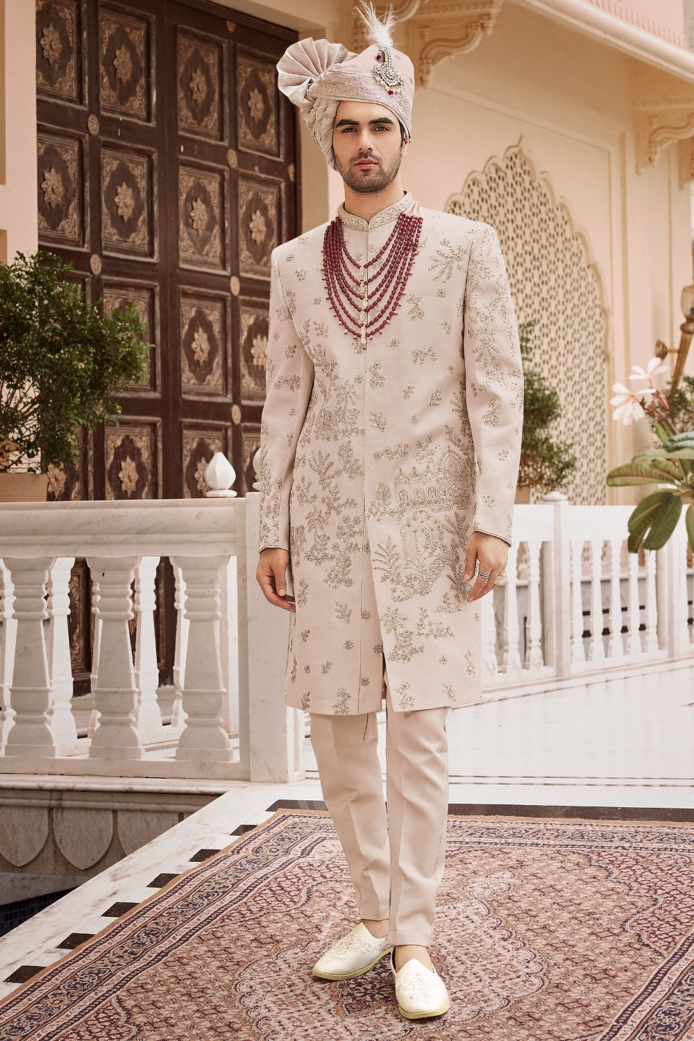 Beige Silk Sherwani with Stone and Sequins WorkÂ