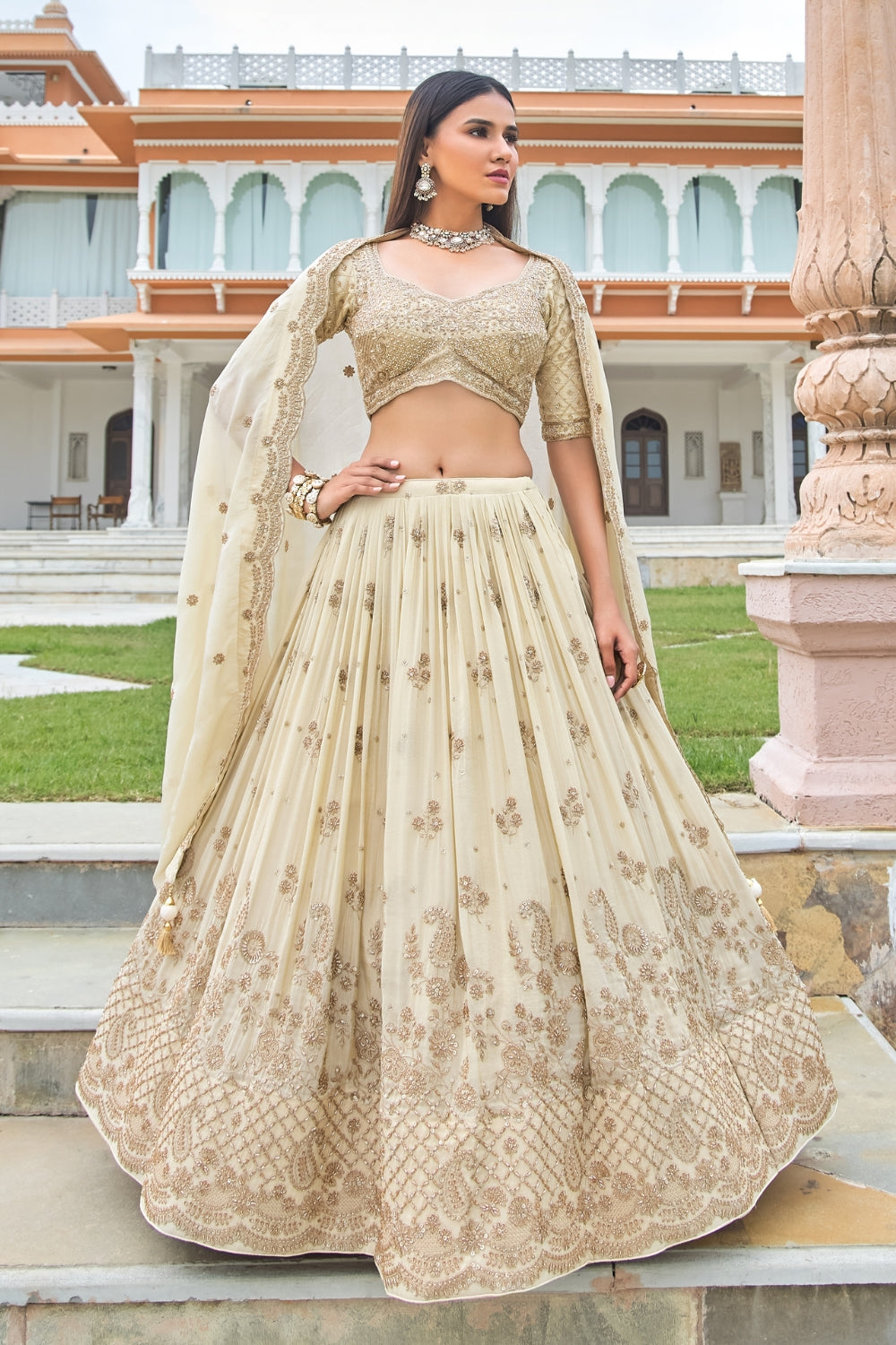 Beige Silk Tissue Lehenga Set with Moti and Zardosi Work