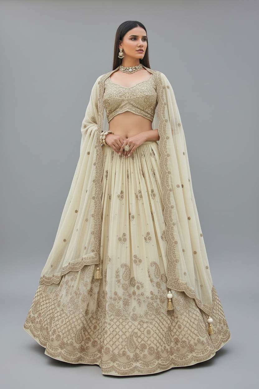 Beige Silk Tissue Lehenga Set with Moti and Zardosi Work