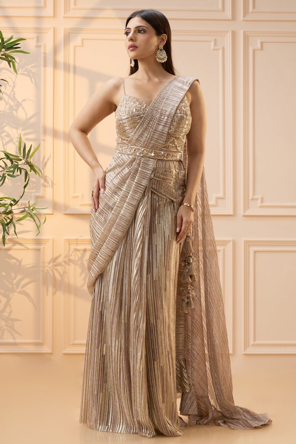 Beige Simmar Drape Saree with Cutdana and Sequins Work