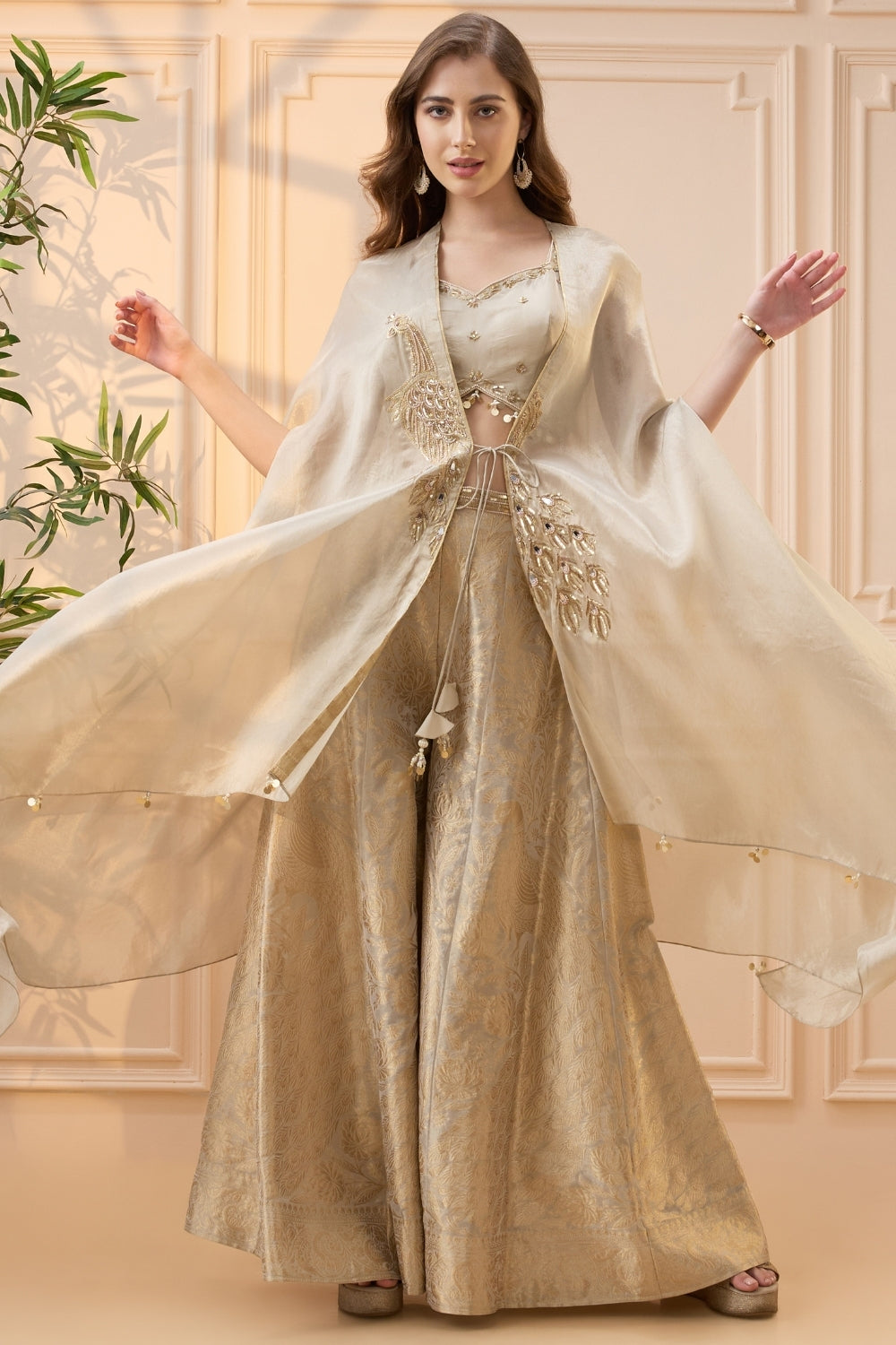 Beige Tissue Palazzo Set with Cutdana and Sequins Work