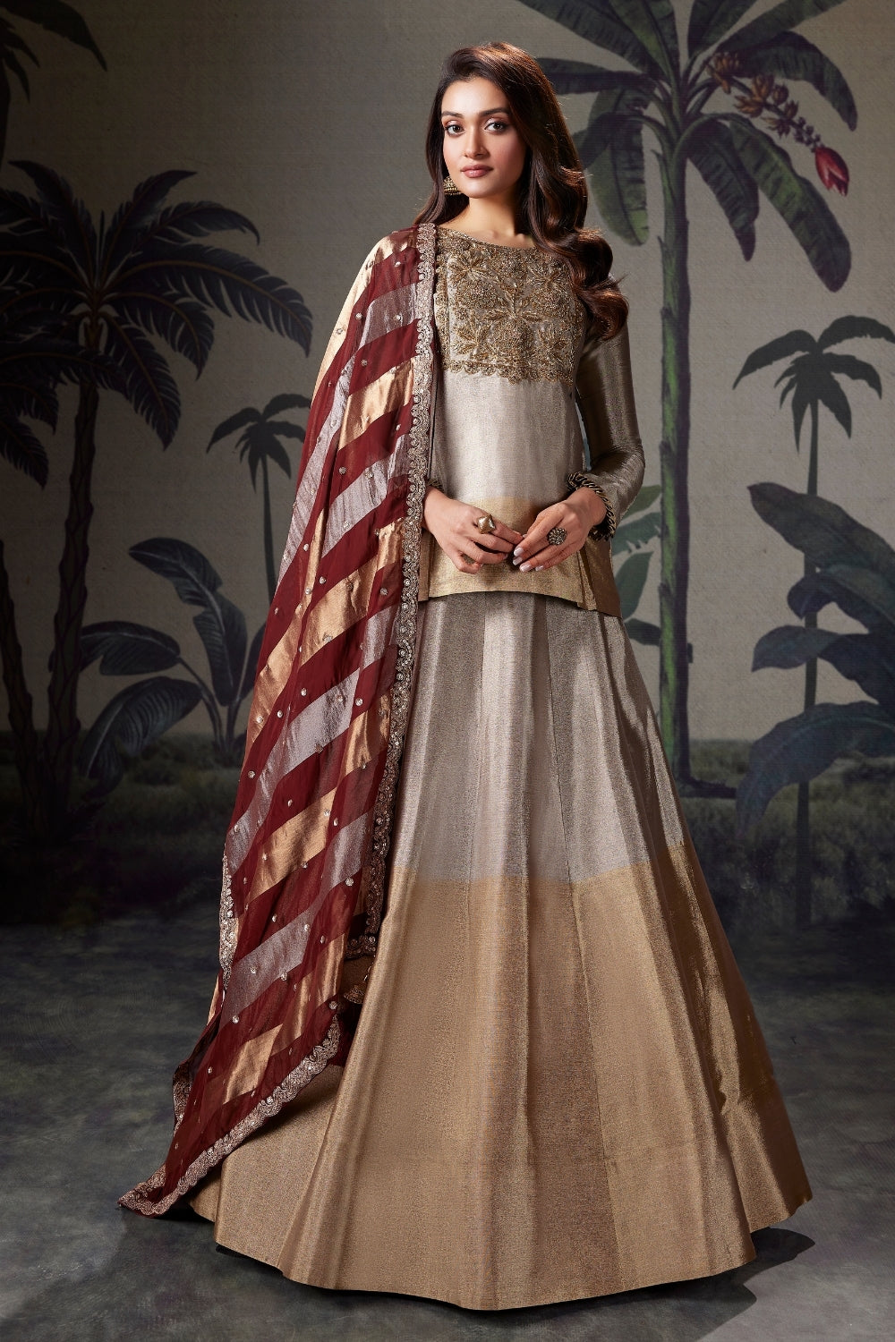 Beige Tissue Lehenga Set With Zardosi and Moti Work