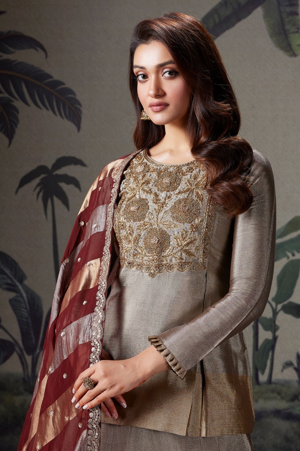 Beige Tissue Lehenga Set With Zardosi and Moti Work