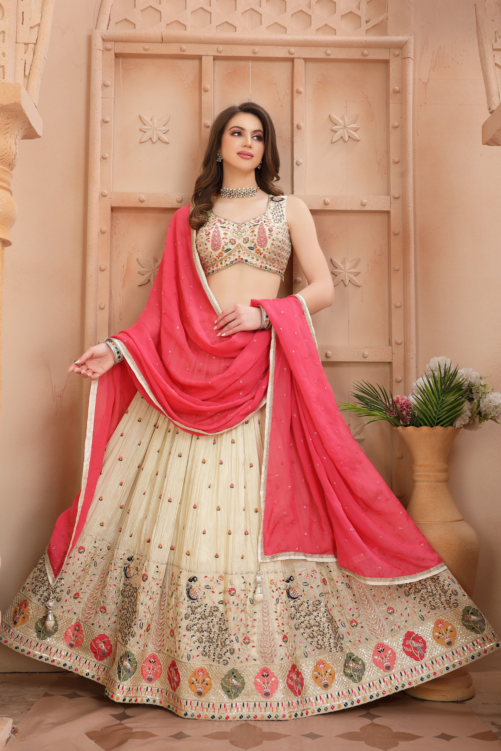 Beige Tissue Silk Lehenga Choli with Sequins and Zardosi Embroidery