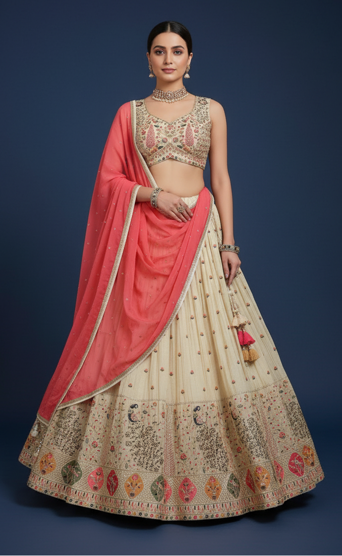 Beige Tissue Silk Lehenga Choli with Sequins and Zardosi Embroidery