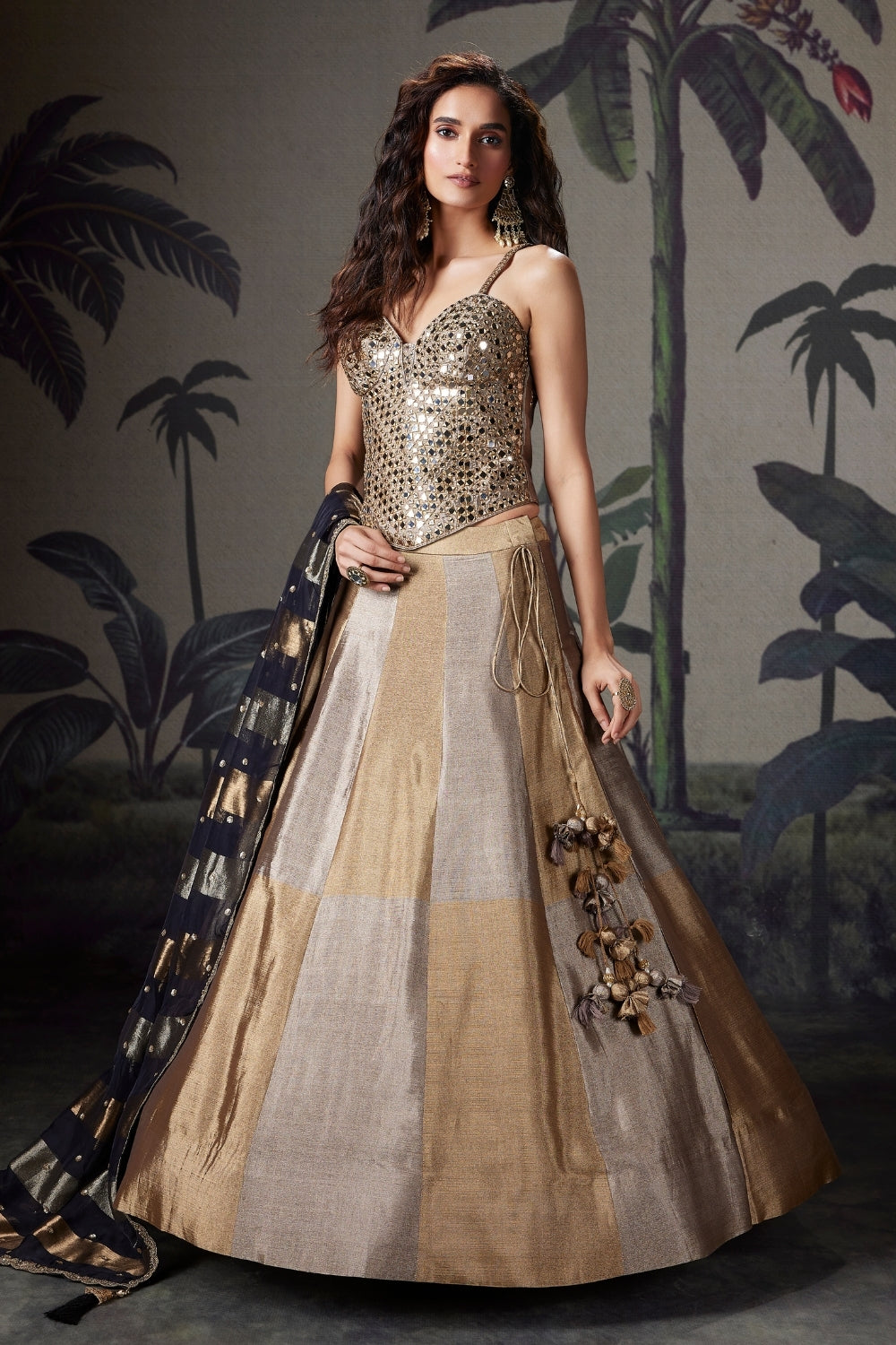 Beige Tissue Silk Lehenga Set with Mirror-Embroidered