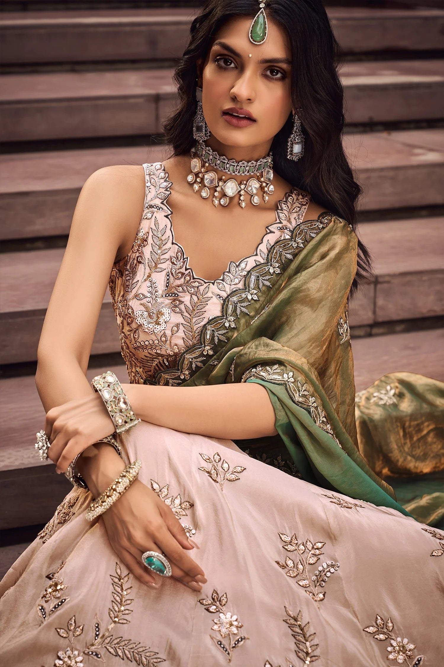 Beige Viscose Rayon Embroidered Sequin Worked Lehenga
