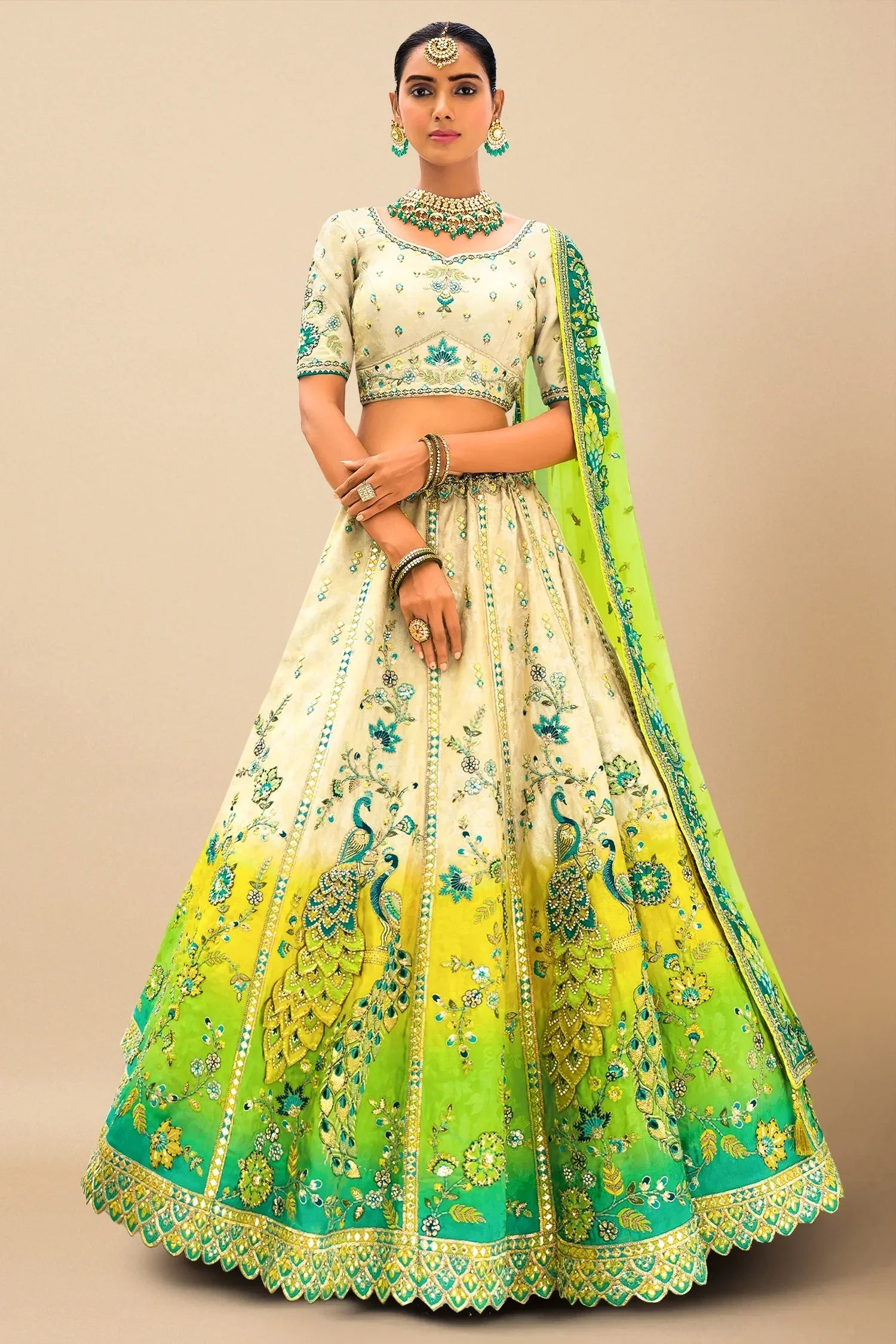 Beige and Ombre Colored Peacock Motif Lehenga in Silk