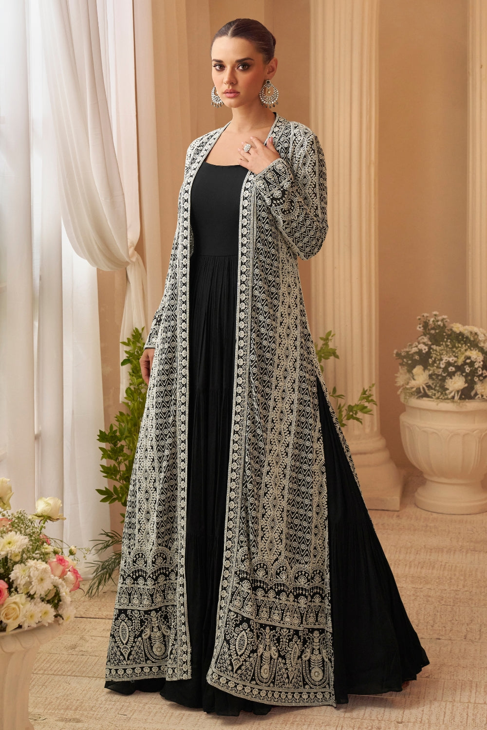 Black Chinon Anarkali Set with Resham Embroidery and Sequins Work
