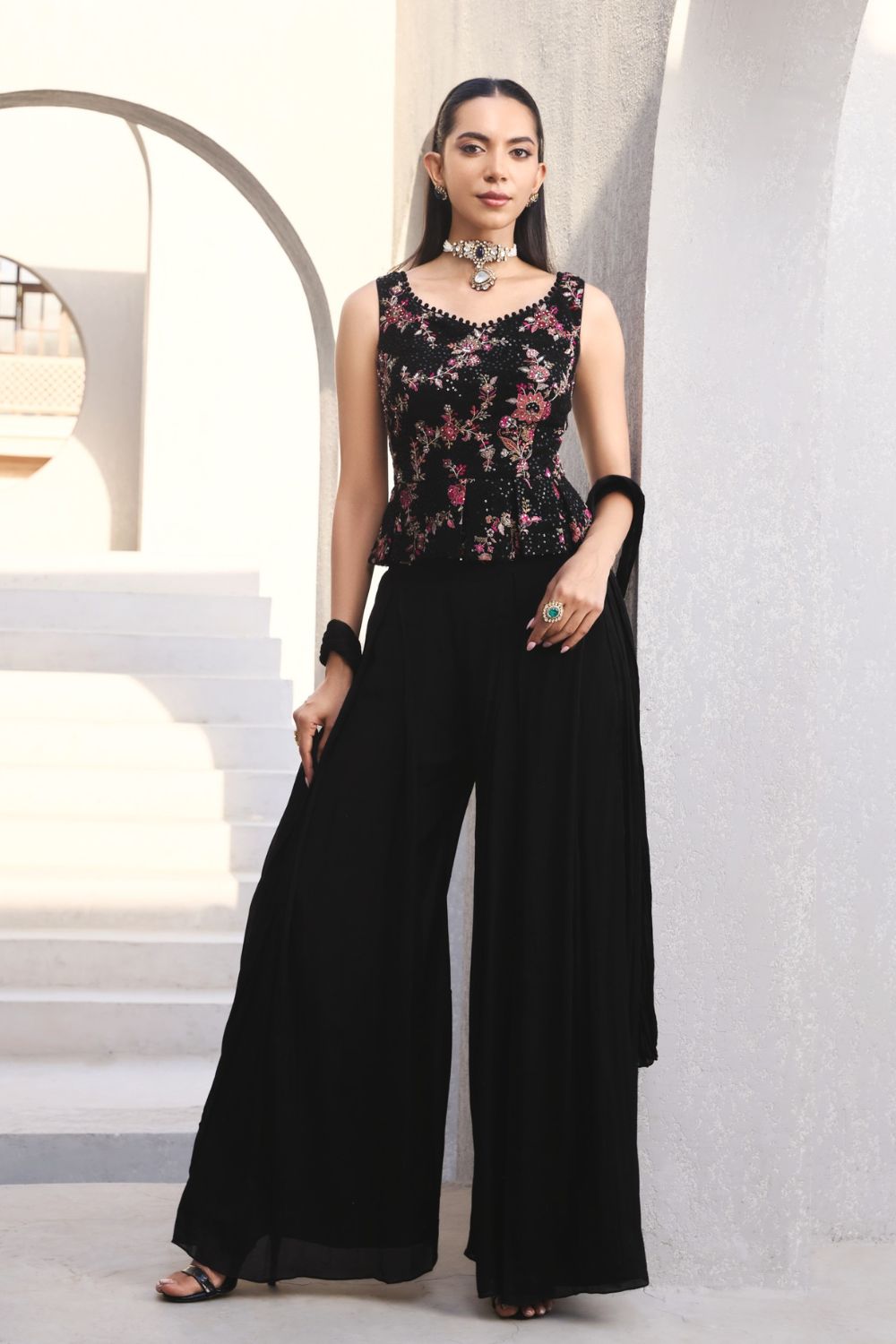 Black Embroidered Georgette Palazzo Set with Sequin & Resham Work