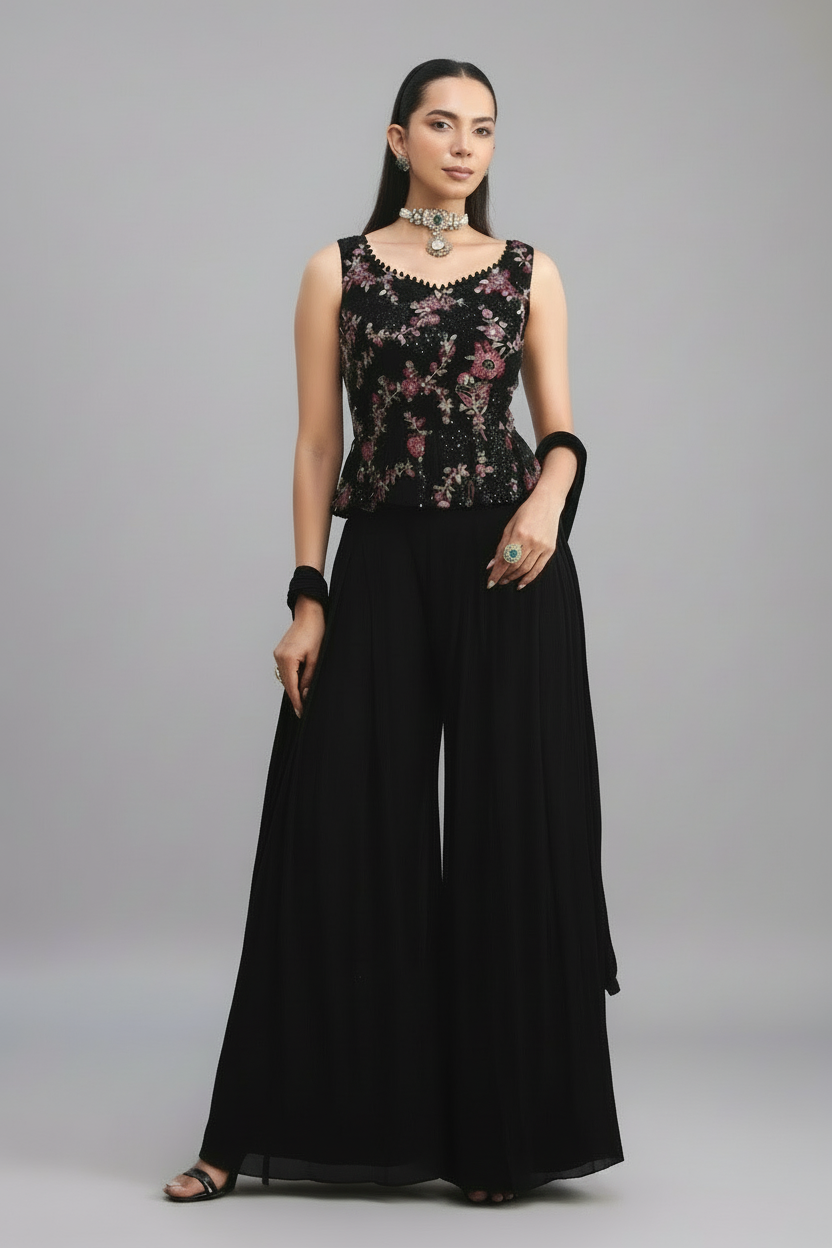 Black Embroidered Georgette Palazzo Set with Sequin & Resham Work